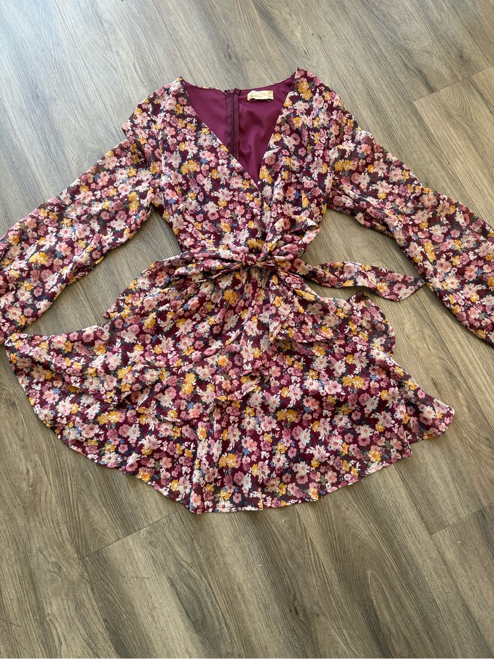 Altar’d State Floral Mini Long Sleve Boho Dress With Tie Around Fairycore Dress